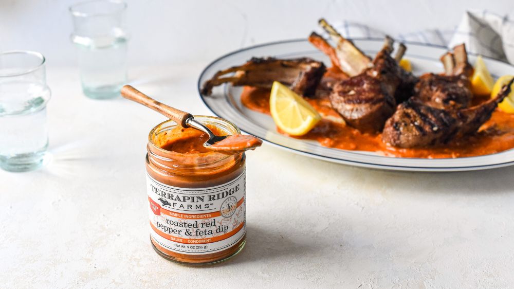 Grilled Lamb Chops with Terrapin Ridge Farms Roasted Red Pepper & Feta Sauce Grilled Lamb Chops with Terrapin Ridge Farms Roasted Red Pepper & Feta Sauce